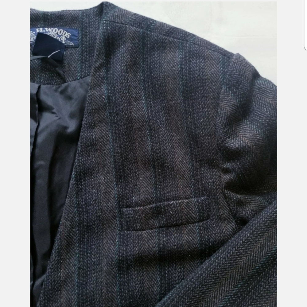 E.H. Woods Sz 14 Striped V Neck Wool Blend Gray Tweed Blazer Jacket